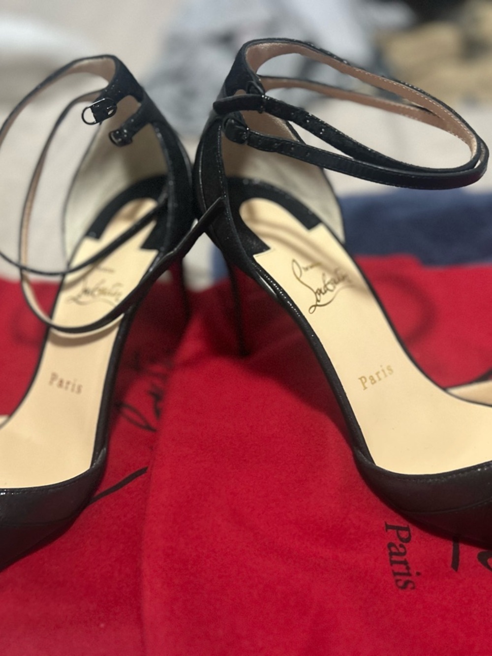 Christian Louboutin Black Patent Ankle-Strap Stiletto Heels